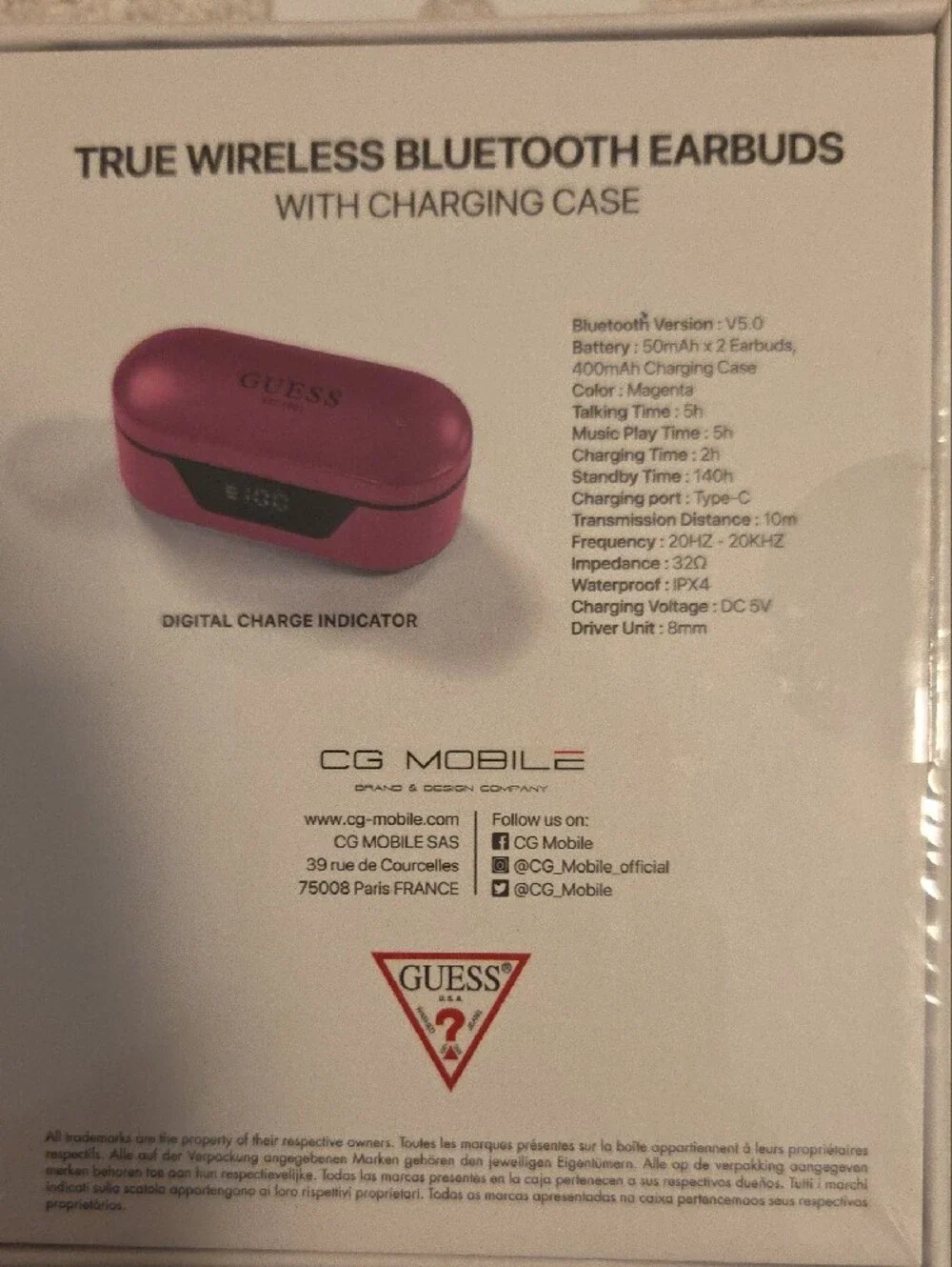 GUESS True Wireless Bluetooth Earbuds in Pink and Black with Charging Case